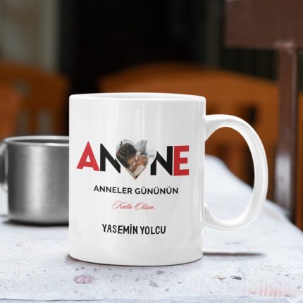 Anne Tasarımlı ve Kalp Çerçeveli Fotoğraflı Kupa Bardak - Kişiye Özel Baskılı